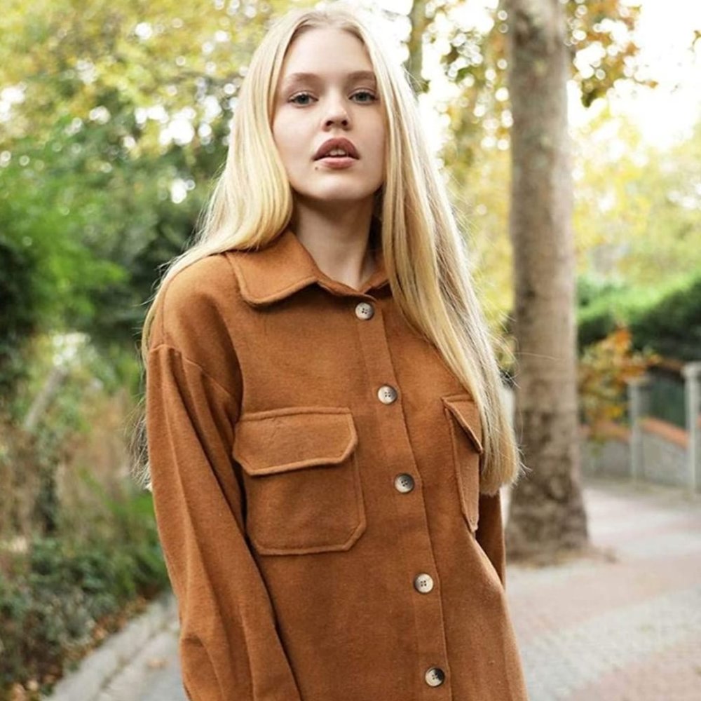 Women's Long Sleeve Shirt Collar Below The Hip Wide Double Pockets Ginger